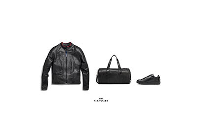 Fashion Photography of Coach men's leather jacket trainers and travel bag