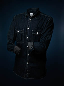 Coloured background Explorer of Jeans shirt on invisible mannequin