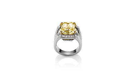 White background Explorer of Ritz Fine Jewellery platinum ring with yellow diamond