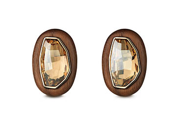 White background Explorer of Swarovsky & Kutur wood clip earrings with crystals