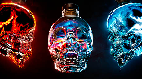 Black background Explorer of Crystal Head vodka bottle