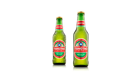 White background Explorer of Tsingtao lager bottles