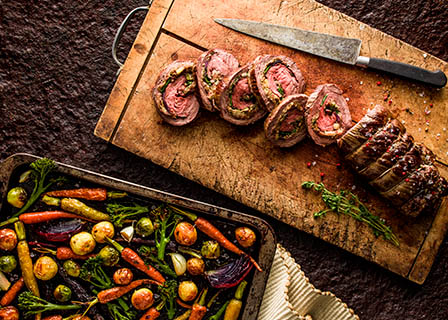 Food Photography of Pork roulade and roasted vegetables