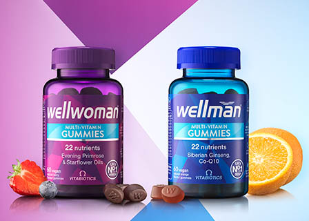 Still life product Photography of Wellwoman mutli-witamin gummies tubes