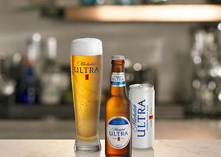 Drinks Photography of Michelob Ultra larger bottle can and pint