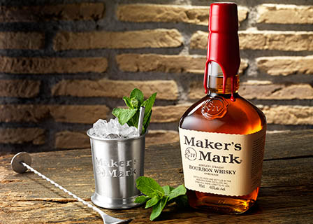Drinks Photography of Maker's Mark bourbon whisky bottle and serve