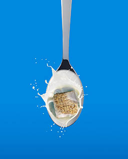 Food Photography of Koko milk shreddie bite on spoon with milk