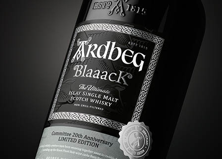 Black background Explorer of Ardbeg BlaaacK whisky bottle