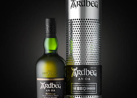 Black background Explorer of Ardbeg whisky bottle and box set