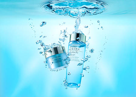 Advertising Still life product Photography of Estee Lauder skin care under water