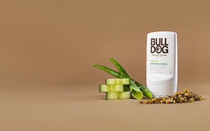 Cosmetics Photography of Bull Dog men grooming after shave