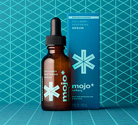 Coloured background Explorer of Mojo skin care serum bottle