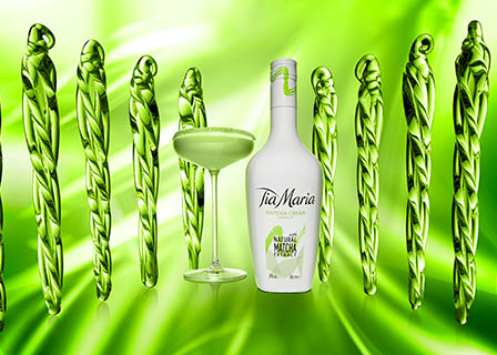 Coloured background Explorer of Tia Maria Matcha bottle and serve with icicles