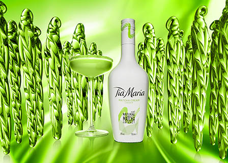 Creative still life product Photography of Tia Maria Matcha bottle and serve with icicles
