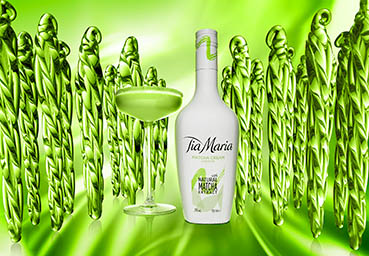 Creative still life product Photography of Tia Maria Matcha bottle and serve with icicles