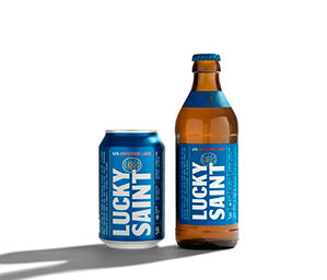 Advertising Still life product Photography of Lucky Saint alcohol free beer can and bottle