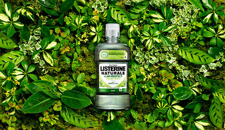 Advertising Still life product Photography of Listerine Naturals mouth wash bottle on a bed of foliage