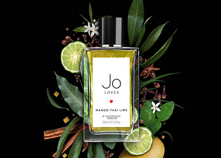 Black background Explorer of Jo Loves Mango Thai Lime fragrance bottle