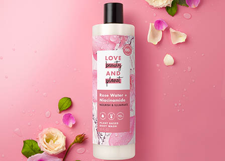 Coloured background Explorer of Love Beauty and Planet body wash