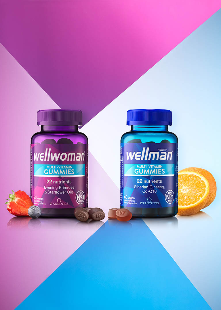 Still Life Product Photography of Wellwoman mutli-witamin gummies tubes by Packshot Factory