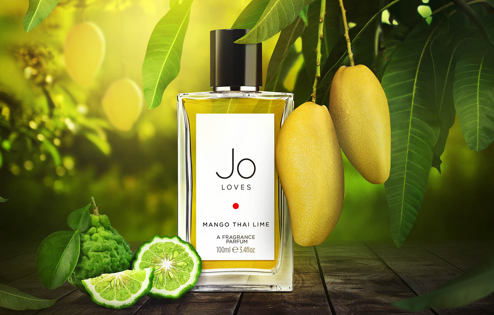 Advertising Still Life Product Photography of Jo Loves Mango Thai Lime fragrance bottle by Packshot Factory