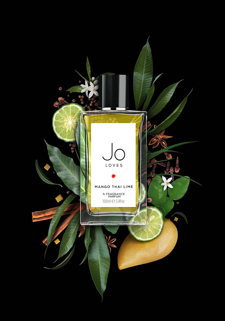 Advertising Still Life Product Photography of Jo Loves Mango Thai Lime fragrance bottle by Packshot Factory