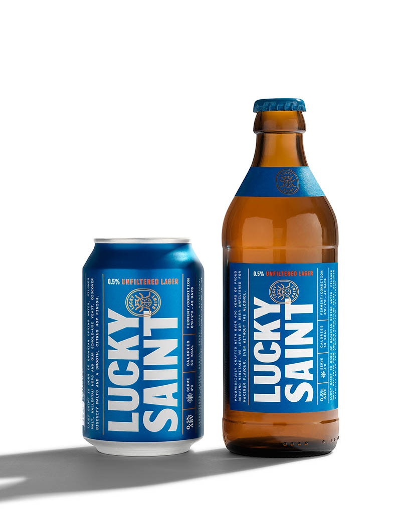 Advertising Still Life Product Photography of Lucky Saint alcohol free beer can and bottle by Packshot Factory