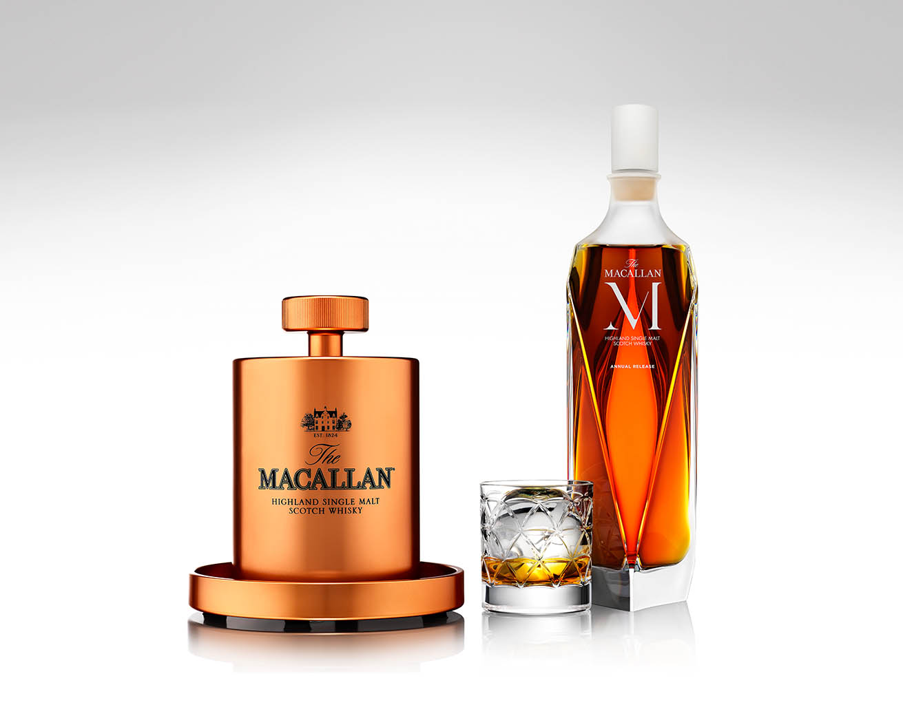 Advertising Still Life Product Photography of Macallan whisky bottle and serve by Packshot Factory