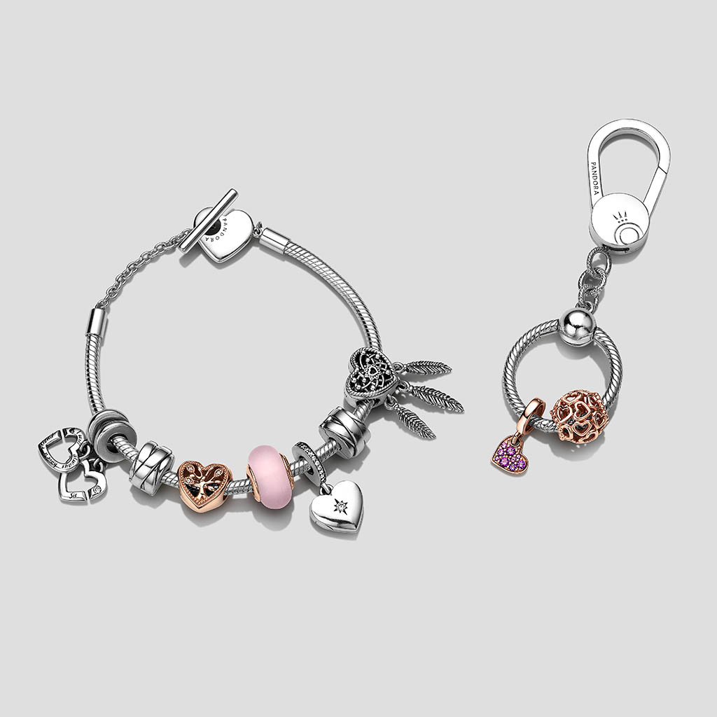 Advertising Still Life Product Photography of Pandora jewellery bracelet charms and key ring by Packshot Factory