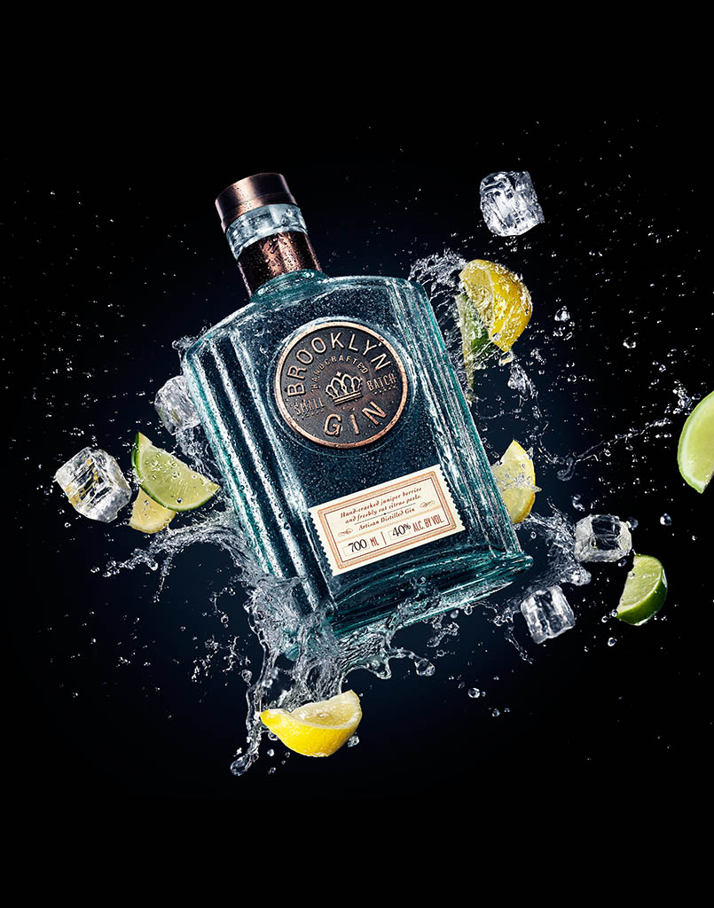 Creative Still Life Product Photography and Retouching of Brooklyn gin bottle by Packshot Factory