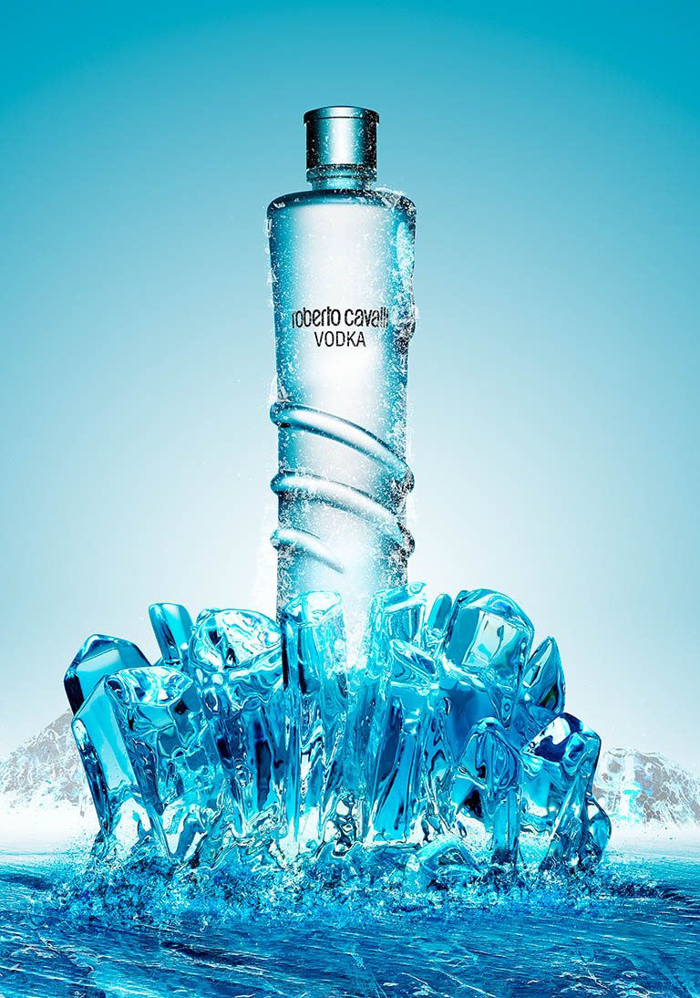 Creative Still Life Product Photography and Retouching of Roberto Cavalli wodka bottle by Packshot Factory