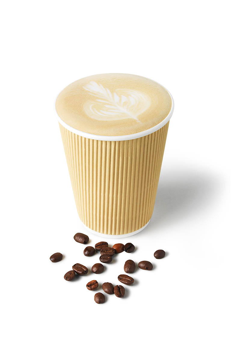 Packshot Factory - White background - Coffee with latte art and beans